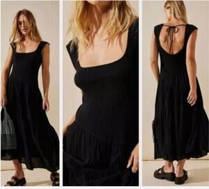 Free People Black Tiered Asymmetrical Midi Dress Sleeveless Scoop Neck XS Flowy